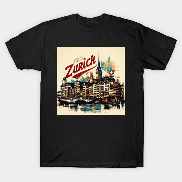 Retro Vintage Zurich Impressionism Painting T-Shirt by TomFrontierArt